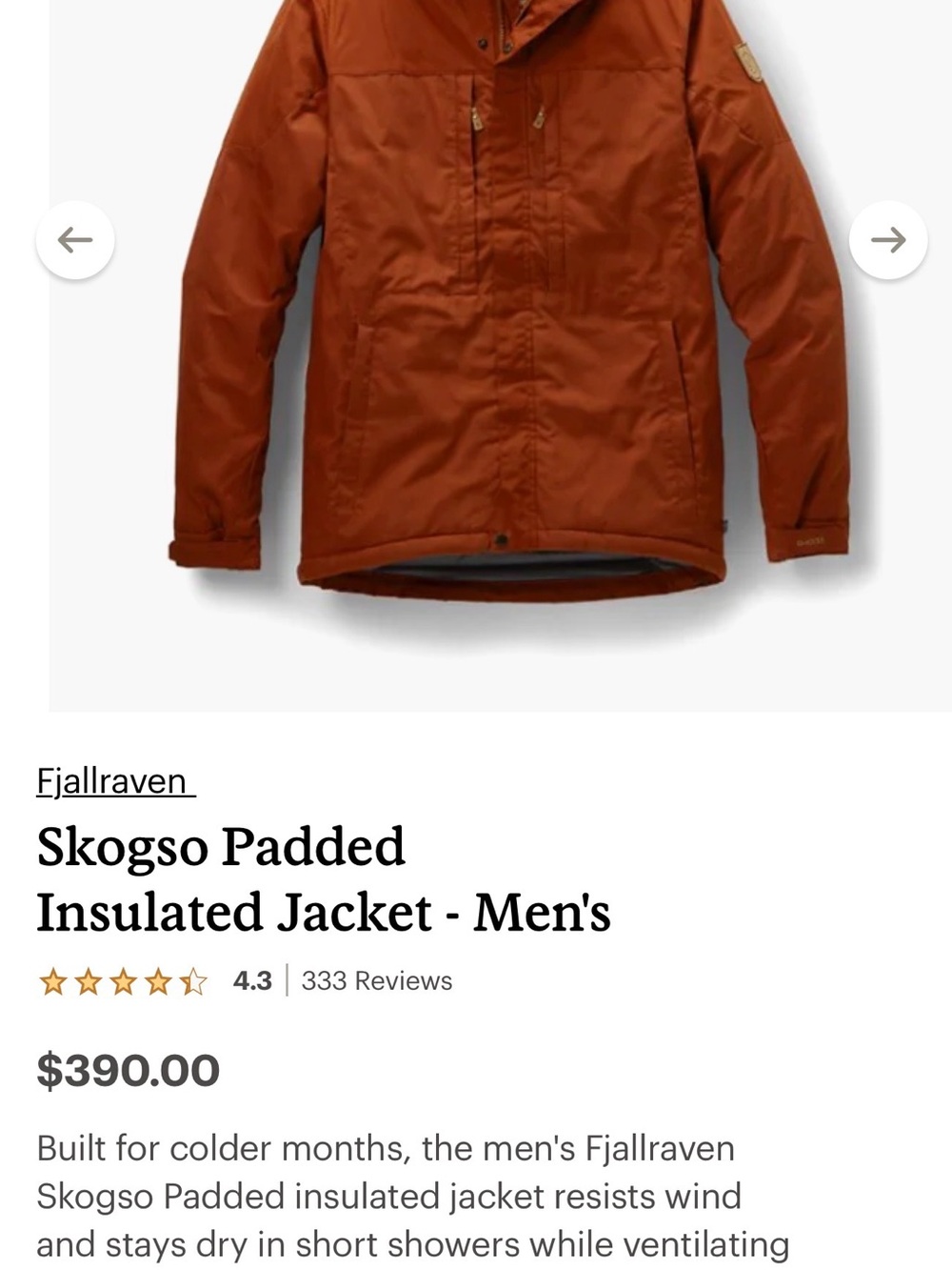 Fjallraven Men's Skogso Padded Jacket in Rust Orange